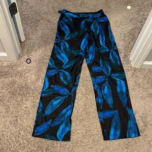 Louisa Ballou Black and Blue Leaf Print Wide Leg Pants